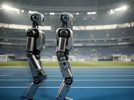 Ein humanoider Roboter steht auf der blauen Tartanbahn eines modernen Stadions. - Foto: über boerse-global.de