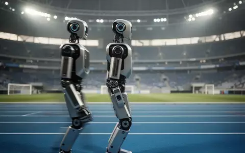Ein humanoider Roboter steht auf der blauen Tartanbahn eines modernen Stadions. - Foto: über boerse-global.de