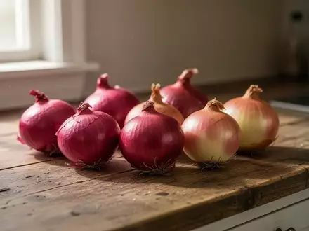 Frische rote und gelbe Zwiebeln auf einer hölzernen Küchenoberfläche bei natürlichem Licht. - Foto: über boerse-global.de