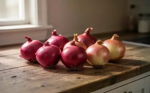 Frische rote und gelbe Zwiebeln auf einer hölzernen Küchenoberfläche bei natürlichem Licht. - Foto: über boerse-global.de