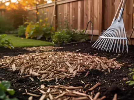 Ein gepflegter Garten im Spätsommer mit gemulchtem Boden und Gartenwerkzeugen im Hintergrund bei spätsommerlichem Licht. - Foto: über boerse-global.de