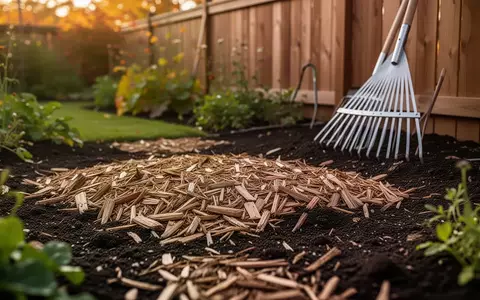 Ein gepflegter Garten im Spätsommer mit gemulchtem Boden und Gartenwerkzeugen im Hintergrund bei spätsommerlichem Licht. - Foto: über boerse-global.de