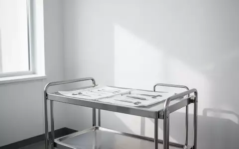 Ein minimalistisch eingerichteter, heller Behandlungsraum in einer Arztpraxis mit einem leeren medizinischen Gerätewagen. - Foto: über boerse-global.de