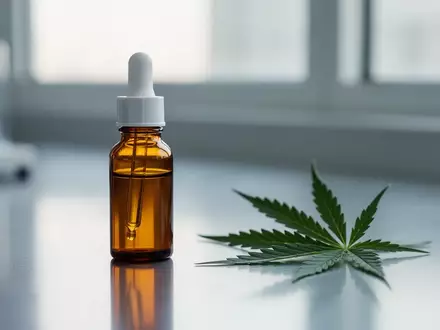 Eine bernsteinfarbene Medizinflasche mit Pipettenverschluss auf einer Laboroberfläche neben einem einzelnen Cannabisblatt. - Foto: über boerse-global.de