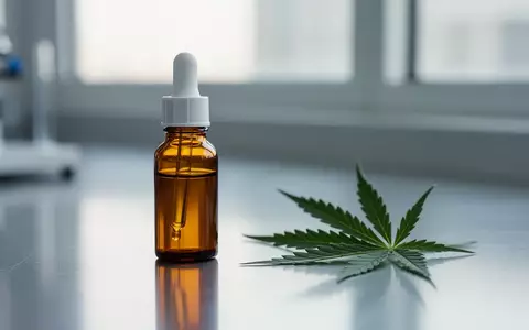 Eine bernsteinfarbene Medizinflasche mit Pipettenverschluss auf einer Laboroberfläche neben einem einzelnen Cannabisblatt. - Foto: über boerse-global.de