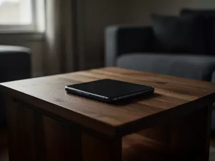 Ein Smartphone liegt auf einem hölzernen Beistelltisch in einem ruhig beleuchteten Wohnzimmer. - Foto: über boerse-global.de