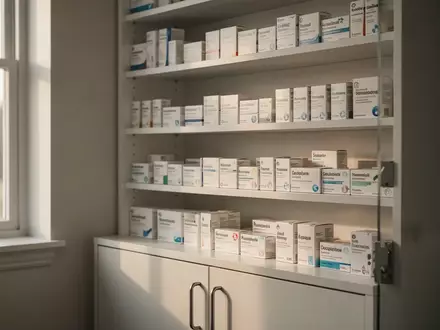 Ein aufgeräumter Medizinschrank in einer Landarztpraxis mit ordentlich sortierten Medikamentenpackungen. - Foto: über boerse-global.de