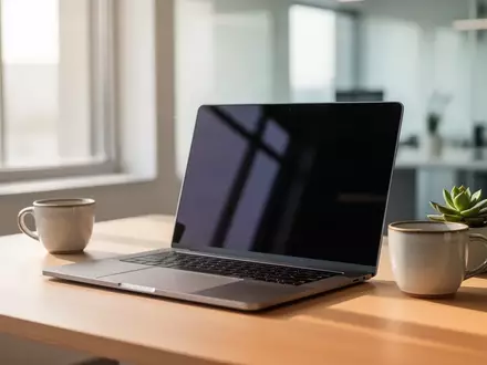 Ein moderner, minimalistischer Arbeitsplatz mit einem Laptop auf einem Holztisch bei natürlichem Tageslicht. - Foto: über boerse-global.de