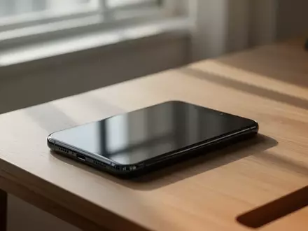 Ein modernes Smartphone liegt auf einem minimalistischen Holztisch in einem hellen Raum. - Foto: über boerse-global.de
