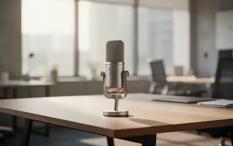 Ein hochwertiges Studiomikrofon auf einem modernen Schreibtisch in einem hellen, verschwommenen Büro. - Foto: über boerse-global.de