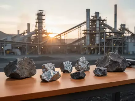 Rohmaterialproben von Metallen auf einem Werktisch in einer modernen Industrieanlage bei Sonnenaufgang. - Foto: über boerse-global.de