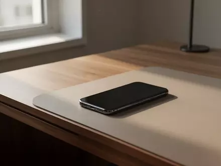 Ein ausgeschaltetes Smartphone liegt auf einem modernen Holzschreibtisch in einem hellen, aufgeräumten Wohnraum. - Foto: über boerse-global.de