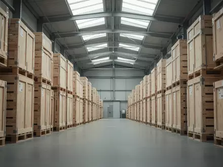 Modernes Industrielager mit ordentlich gestapelten Holzpaletten in natürlichem Tageslicht. - Foto: über boerse-global.de