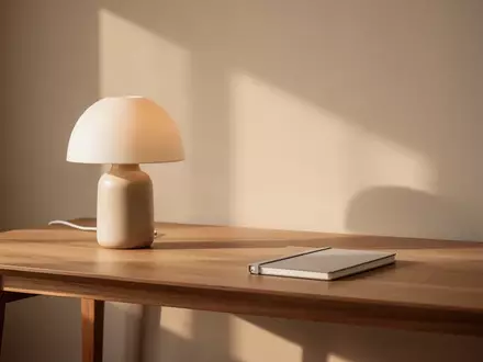 Ein minimalistischer, ruhiger Arbeitsplatz mit einer unbeleuchteten Lampe und einem geschlossenen Notizbuch in sanftem Licht. - Foto: über boerse-global.de