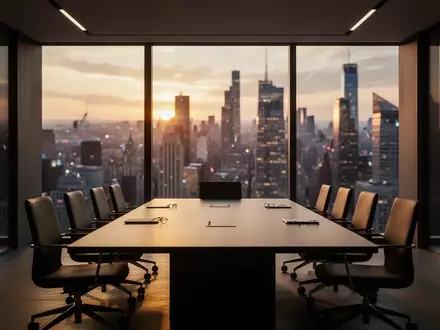 Ein moderner, minimalistischer Konferenzraum mit Blick auf ein Finanzviertel bei Sonnenuntergang. - Foto: über boerse-global.de
