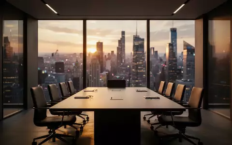 Ein moderner, minimalistischer Konferenzraum mit Blick auf ein Finanzviertel bei Sonnenuntergang. - Foto: über boerse-global.de