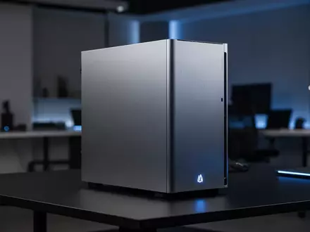 Ein minimalistisches, modernes Gaming-PC-Gehäuse aus gebürstetem Aluminium auf einem dunklen Schreibtisch. - Foto: über boerse-global.de