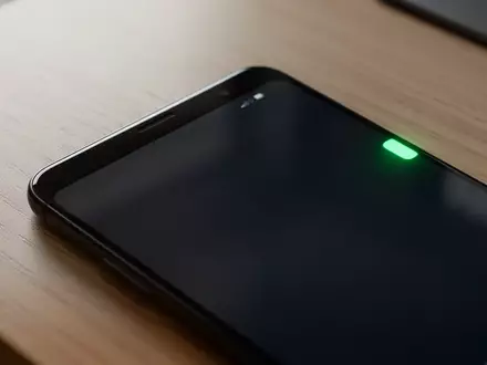 Nahaufnahme eines modernen Smartphones auf einem Holztisch mit einem leuchtenden grünen Punkt als Sicherheitsindikator. - Foto: über boerse-global.de
