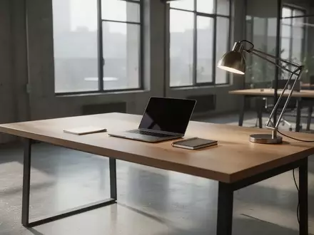 Ein minimalistischer, moderner Arbeitsplatz in einem Startup-Büro mit Laptop und Schreibtischlampe bei natürlichem Licht. - Foto: über boerse-global.de