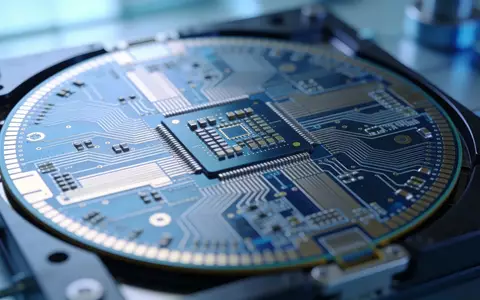 Nahaufnahme eines Silizium-Wafers mit komplexen Mikrochip-Schaltkreisen in einer modernen Produktionsumgebung. - Foto: über boerse-global.de