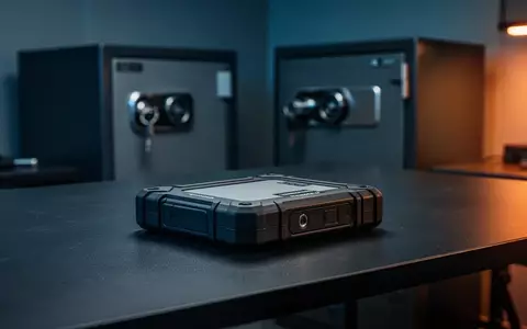 Ein robuster, externer Datenträger liegt auf einem dunklen Arbeitstisch vor einem verschlossenen Tresor in einem Büro. - Foto: über boerse-global.de