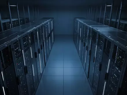 Ein minimalistischer Serverraum mit blauer Beleuchtung und geordneten Server-Racks in einer modernen Industrieumgebung. - Foto: über boerse-global.de
