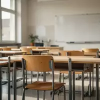 Ein leerer, sonnendurchfluteter Klassenraum mit leeren Schreibtischen und Stühlen in einer modernen Schule. - Foto: über boerse-global.de