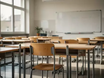 Ein leerer, sonnendurchfluteter Klassenraum mit leeren Schreibtischen und Stühlen in einer modernen Schule. - Foto: über boerse-global.de