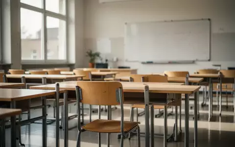 Ein leerer, sonnendurchfluteter Klassenraum mit leeren Schreibtischen und Stühlen in einer modernen Schule. - Foto: über boerse-global.de
