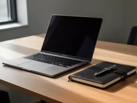 Ein moderner, aufgeräumter Arbeitsplatz mit einem Laptop, dessen Bildschirm ausgeschaltet ist, einem Notizbuch und einem Stift bei natürlichem Tageslicht. - Foto: über boerse-global.de