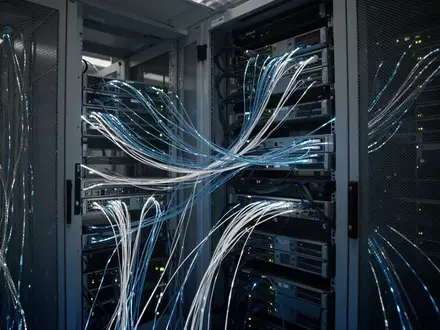 Moderne Serverinfrastruktur in einem Rechenzentrum mit leuchtenden Glasfaserkabeln und technischer Hardware. - Foto: über boerse-global.de