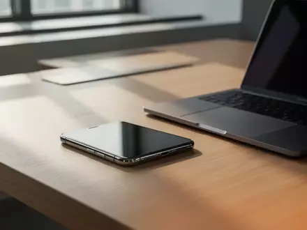 Ein modernes Büro-Arbeitsumfeld mit einem Smartphone auf einem Schreibtisch, das die digitale E-Mail-Verwaltung symbolisiert. - Foto: über boerse-global.de