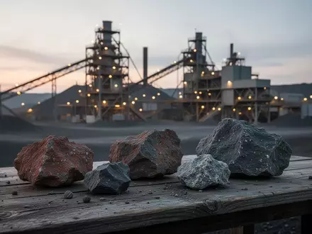 Rohmaterialien aus der Bergbauindustrie auf einem Holztisch vor einer Industrieanlage bei Dämmerung - Foto: über boerse-global.de