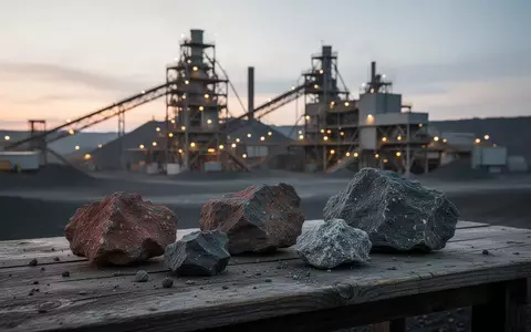 Rohmaterialien aus der Bergbauindustrie auf einem Holztisch vor einer Industrieanlage bei Dämmerung - Foto: über boerse-global.de