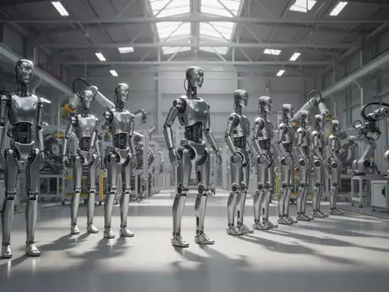 Schlanke humanoide Roboter in einer Reihe auf dem Boden einer modernen Autofabrik. - Foto: über boerse-global.de