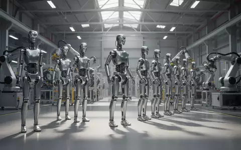 Schlanke humanoide Roboter in einer Reihe auf dem Boden einer modernen Autofabrik. - Foto: über boerse-global.de