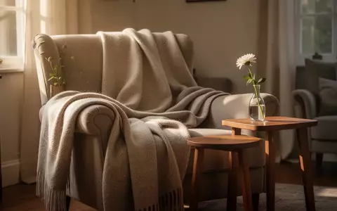 Ein sonnendurchflutetes, ruhiges Wohnzimmer mit einem gemütlichen Sessel, einer Wolldecke und einer einzelnen Blume in einer Vase. - Foto: über boerse-global.de