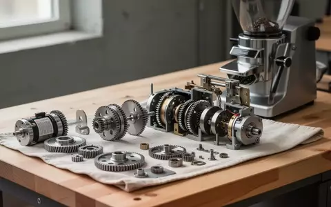 Zerlegte Kaffeemühle mit fein säuberlich aufgereihten mechanischen Bauteilen auf einer Werkbank. - Foto: über boerse-global.de
