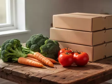 Frisches Gemüse liegt neben verpackten Fertiglebensmitteln auf einem Holztisch. - Foto: über boerse-global.de