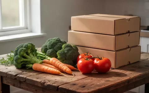 Frisches Gemüse liegt neben verpackten Fertiglebensmitteln auf einem Holztisch. - Foto: über boerse-global.de