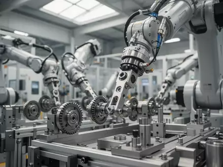 Präzisionsbauteile und Gelenkmechaniken an einer modernen Industrieroboter-Fertigungsstraße. - Foto: über boerse-global.de