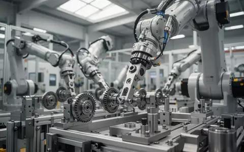 Präzisionsbauteile und Gelenkmechaniken an einer modernen Industrieroboter-Fertigungsstraße. - Foto: über boerse-global.de