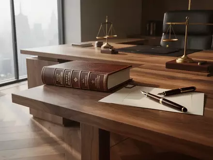 Minimalistisches Büro einer Anwaltskanzlei mit einem aufgeschlagenen Rechtsbuch auf einem Schreibtisch bei Tageslicht. - Foto: über boerse-global.de
