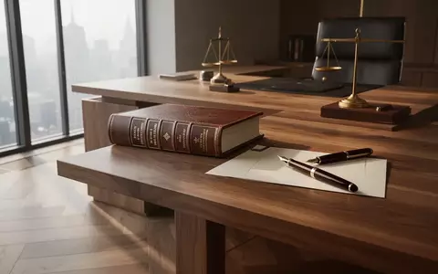 Minimalistisches Büro einer Anwaltskanzlei mit einem aufgeschlagenen Rechtsbuch auf einem Schreibtisch bei Tageslicht. - Foto: über boerse-global.de