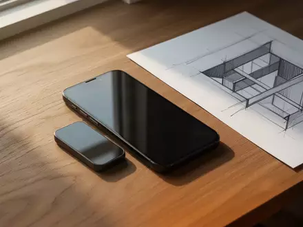 Ein modernes Smartphone liegt auf einem hölzernen Schreibtisch neben einer architektonischen Skizze bei natürlichem Licht. - Foto: über boerse-global.de