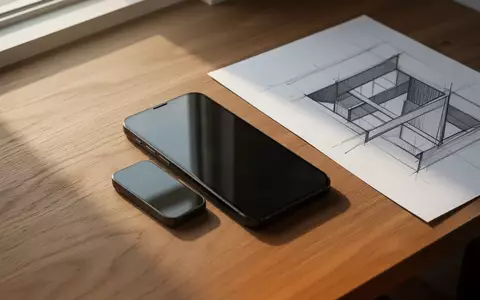 Ein modernes Smartphone liegt auf einem hölzernen Schreibtisch neben einer architektonischen Skizze bei natürlichem Licht. - Foto: über boerse-global.de