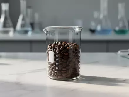 Ein Glasbecher gefüllt mit Kaffeebohnen auf einer weißen Marmoroberfläche in einer modernen Laborumgebung. - Foto: über boerse-global.de