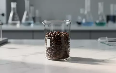 Ein Glasbecher gefüllt mit Kaffeebohnen auf einer weißen Marmoroberfläche in einer modernen Laborumgebung. - Foto: über boerse-global.de