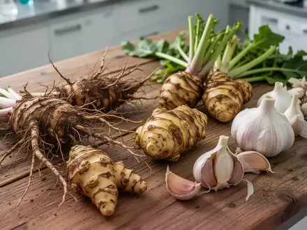 Nahaufnahme von Chicoréewurzeln, Topinambur und Knoblauch auf einem Holztisch als Symbol für präbiotische Ballaststoffe. - Foto: über boerse-global.de