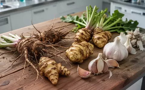 Nahaufnahme von Chicoréewurzeln, Topinambur und Knoblauch auf einem Holztisch als Symbol für präbiotische Ballaststoffe. - Foto: über boerse-global.de